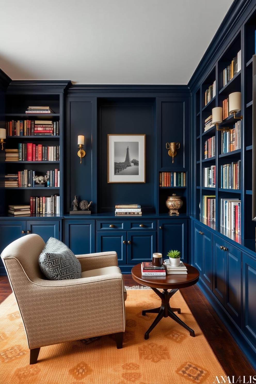 A cozy home library features navy blue built-ins that create a timeless and elegant atmosphere. The shelves are filled with a curated selection of books and decorative items, while a plush armchair invites readers to relax and enjoy their favorite novels. Soft lighting from stylish sconces illuminates the space, enhancing the rich color of the cabinetry. A warm area rug anchors the room, adding texture and comfort beneath a small coffee table.