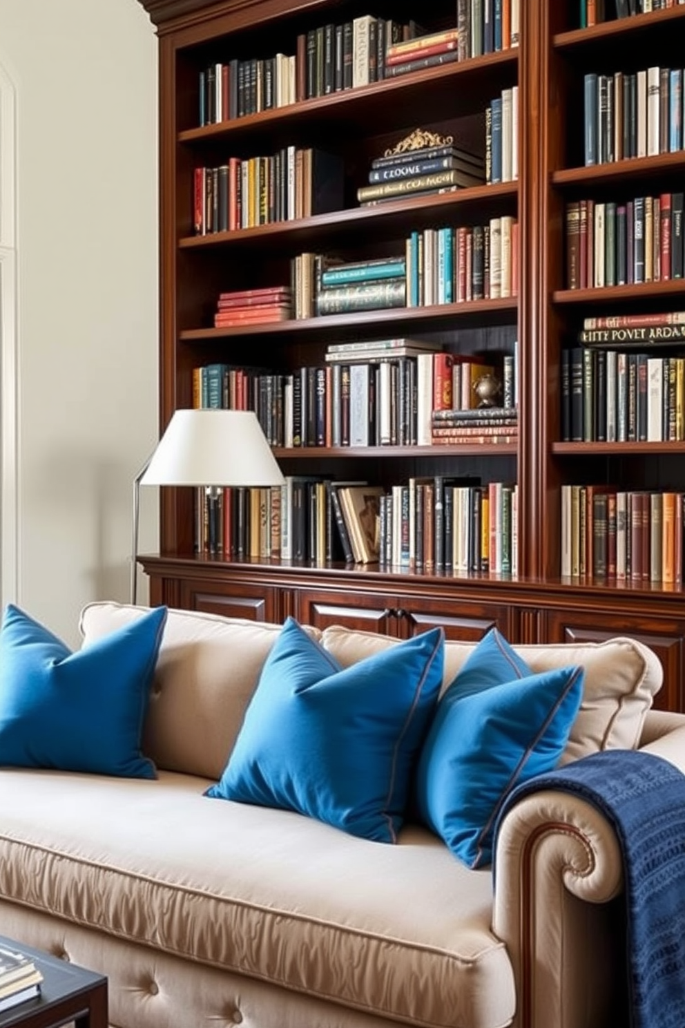 A cozy home library featuring a rich wooden bookshelf filled with books. A plush sofa adorned with bright blue accent pillows invites relaxation in the reading nook.