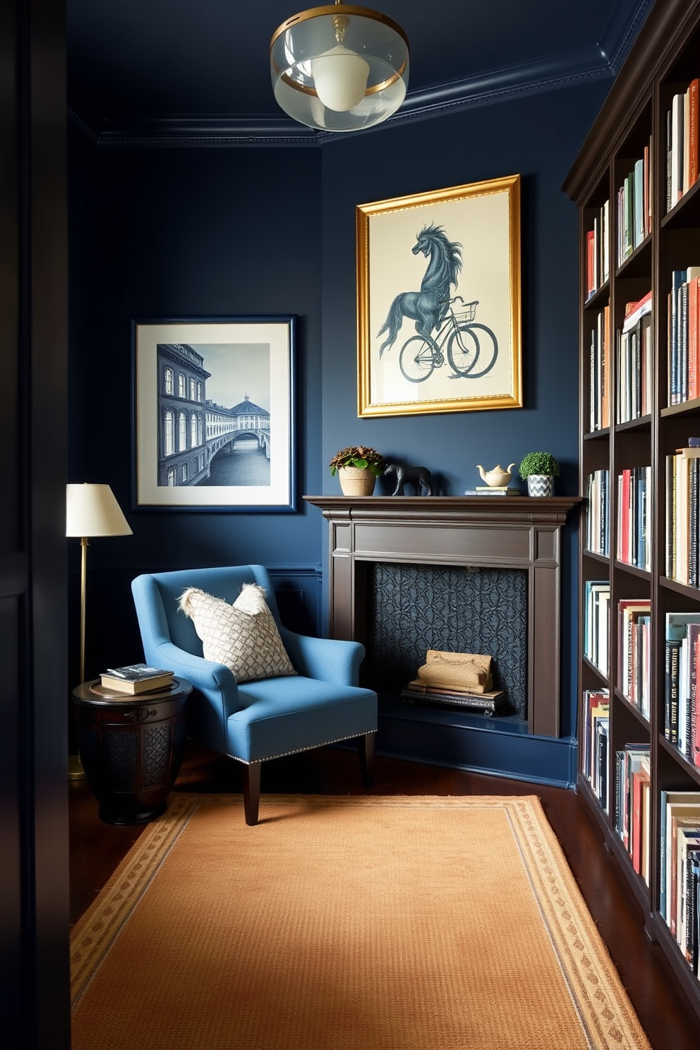 A cozy home library featuring deep blue walls adorned with blue framed artwork that adds a touch of elegance to the space. The room is filled with dark wood bookshelves, a plush armchair in a complementary shade, and a warm area rug underfoot to create an inviting reading nook.