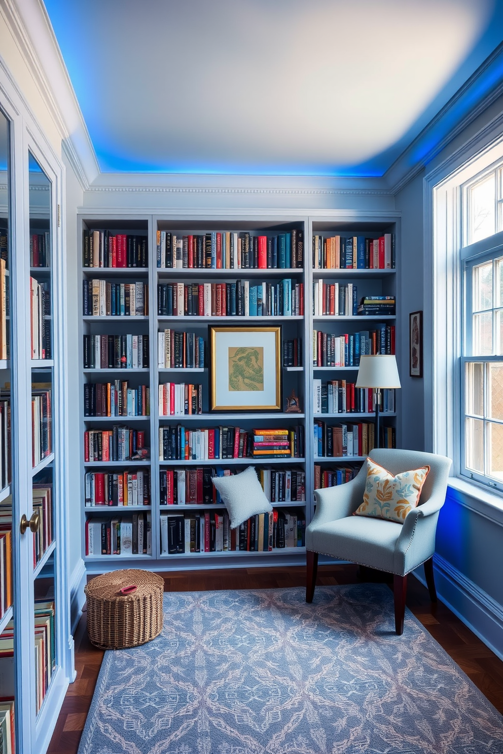 A cozy home library featuring deep blue walls adorned with white bookshelves filled with an array of books. In the center, a plush navy blue sofa invites relaxation, complemented by a sleek glass coffee table and a warm area rug. Blue pendant lights hang gracefully from the ceiling, casting a soft glow over the reading nook. A vintage wooden ladder leans against the shelves, adding character and easy access to the books above.