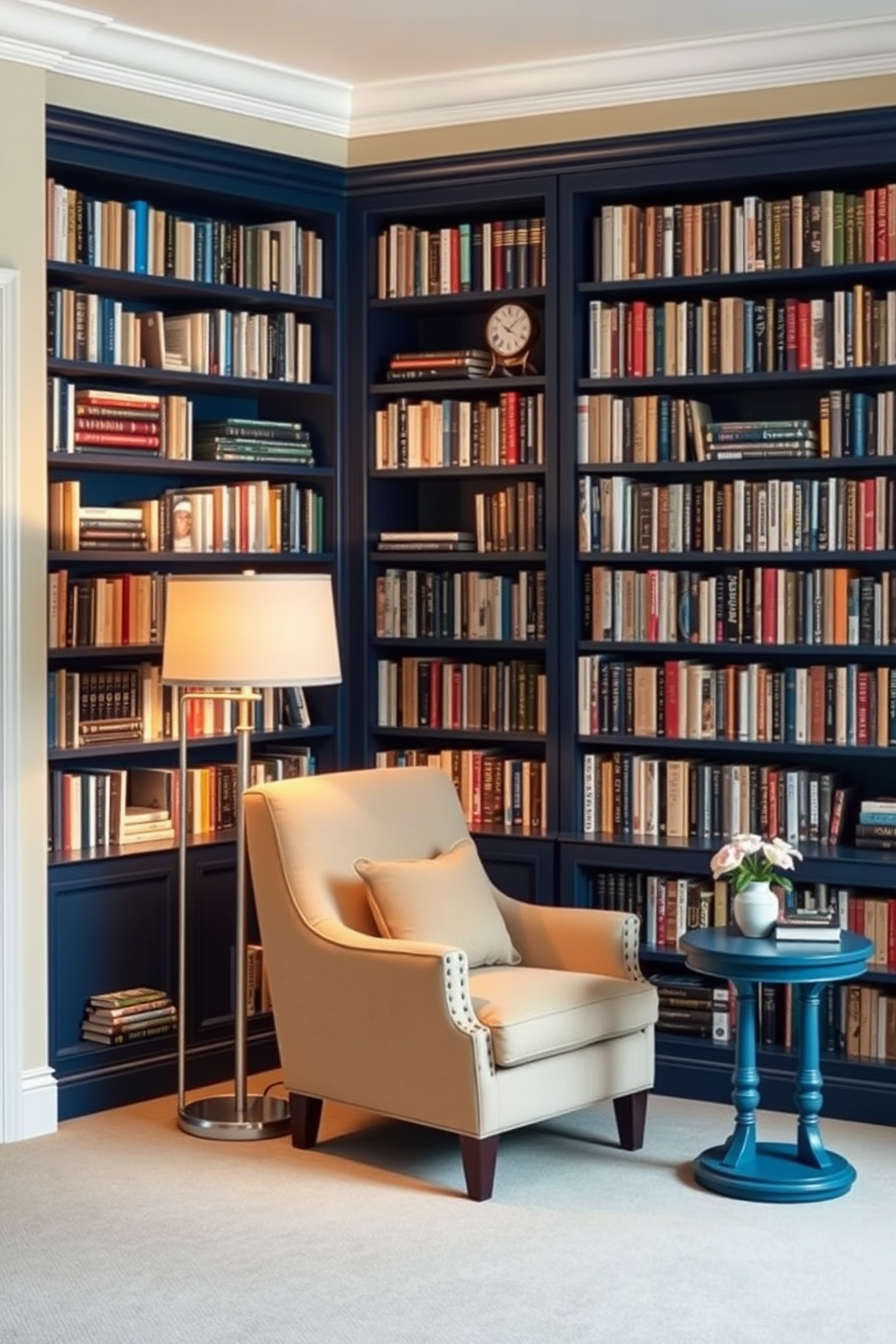 A serene home library featuring a blue and beige color combination. The walls are painted a soft beige, while the built-in bookshelves are a deep navy blue filled with an array of books and decorative items. A cozy reading nook is created with a plush beige armchair and a small blue accent table. Warm lighting from a stylish floor lamp casts a gentle glow, inviting relaxation and contemplation.