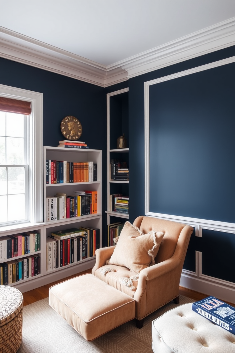 A serene home library with light blue walls complemented by crisp white trim accents. The space features a cozy reading nook with a plush armchair and a small side table, illuminated by a stylish floor lamp. Built-in bookshelves line the walls, filled with an array of books and decorative items. A soft area rug anchors the seating area, while large windows allow natural light to flood the room.