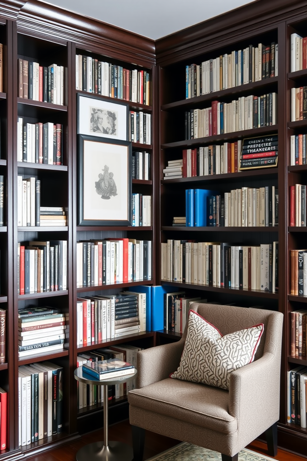 A cozy home library featuring deep blue walls adorned with artistic blue prints in elegant frames. The room is filled with floor-to-ceiling bookshelves made of rich wood, complemented by a plush reading nook with a comfortable armchair and soft lighting.