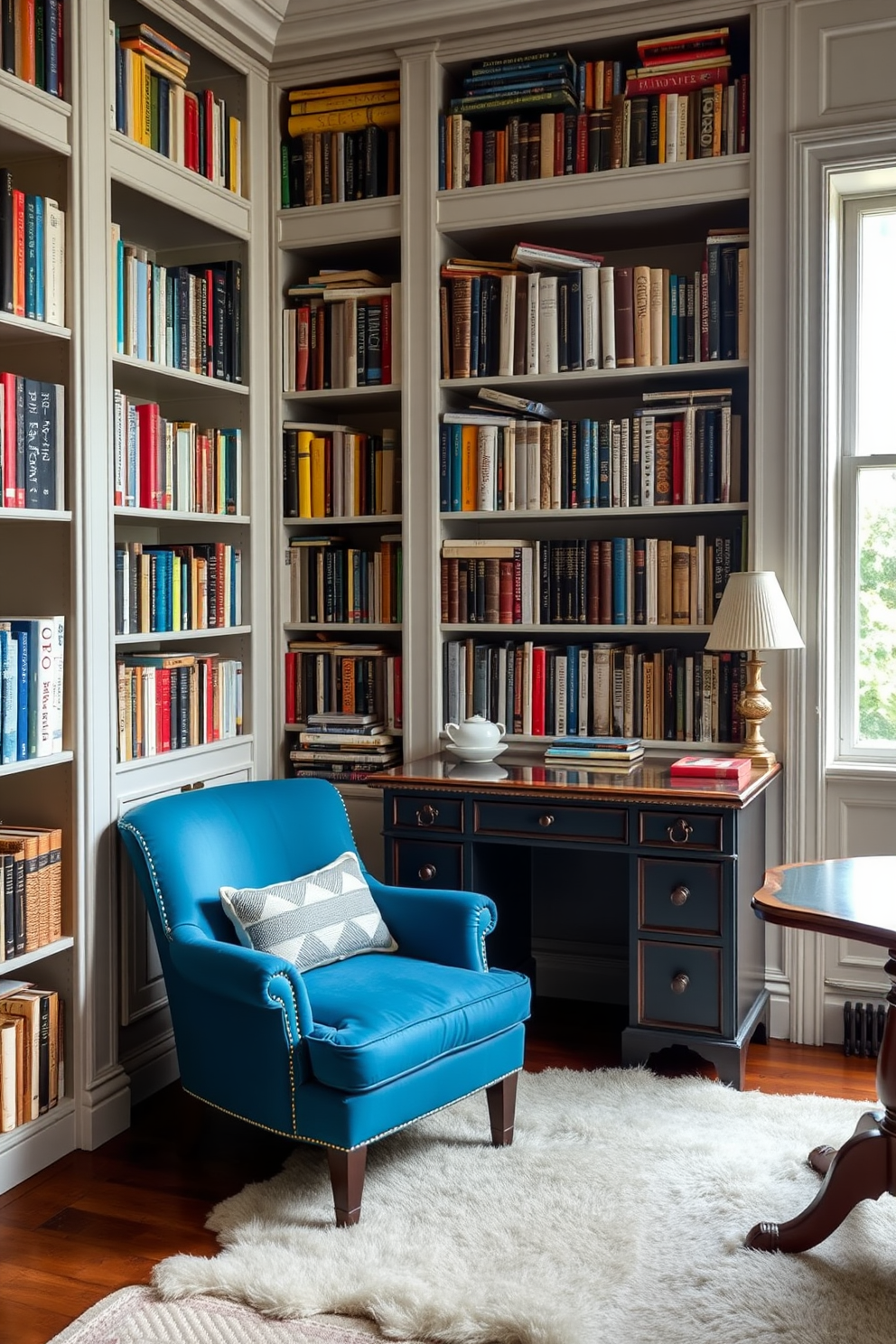 A cozy home library featuring a blue armchair positioned next to a vintage wooden desk. The walls are lined with bookshelves filled with an array of books, and a soft rug lays beneath the seating area.