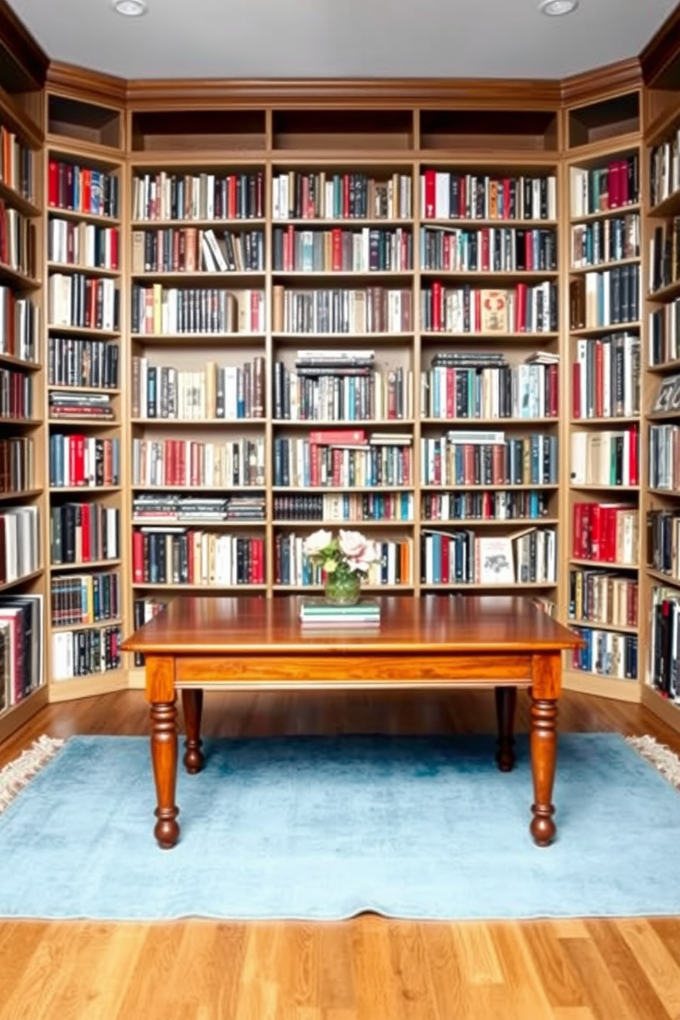 A cozy home library featuring a wooden table at the center surrounded by bookshelves filled with an array of books. A soft blue rug lies beneath the table, adding a touch of warmth and comfort to the space.