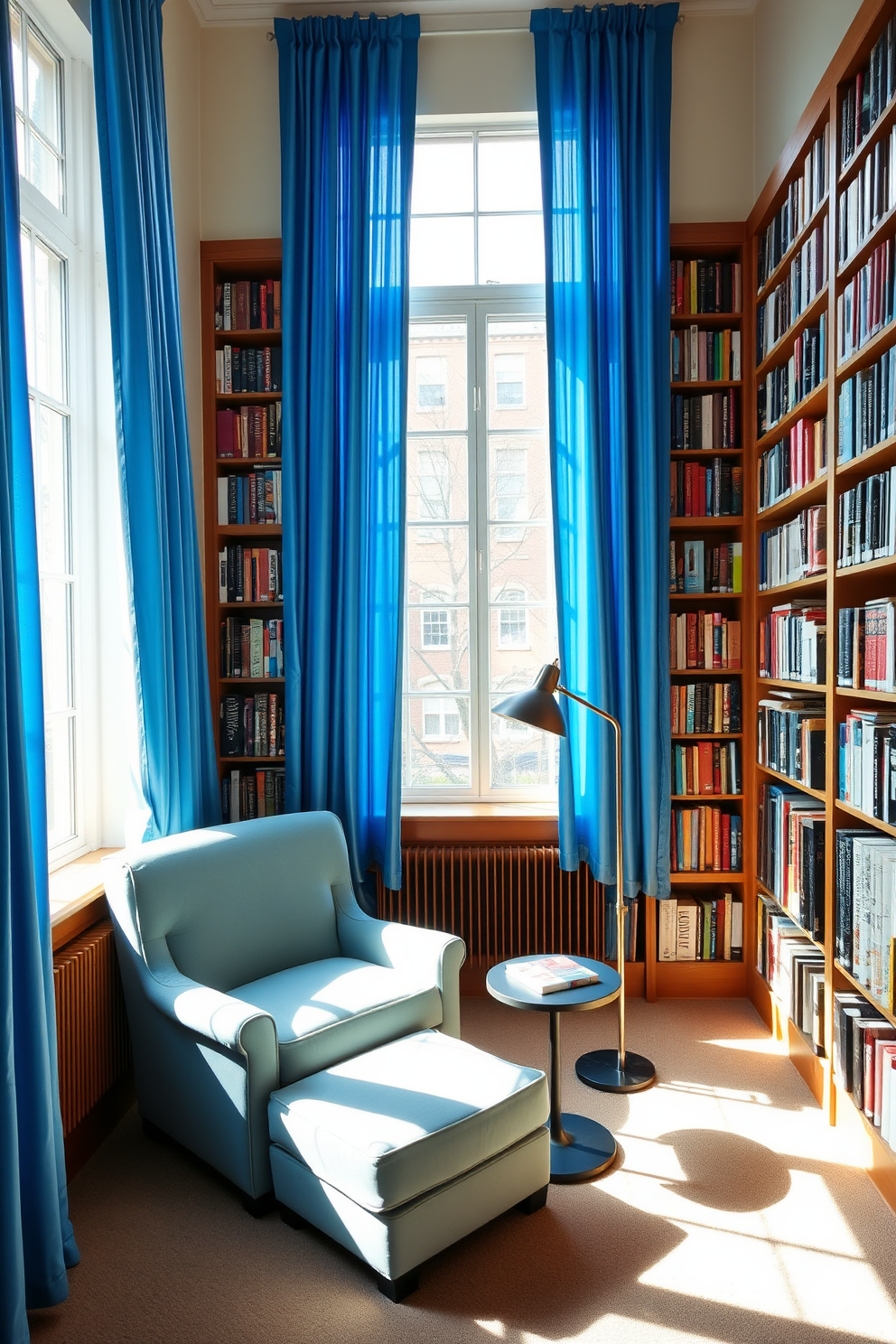 Bright blue curtains frame the large windows, allowing natural light to flood the room. The walls are lined with floor-to-ceiling bookshelves filled with an array of books, creating a cozy and inviting atmosphere. A plush reading chair in a complementary shade sits in one corner, accompanied by a small side table for drinks. Soft lighting from a stylish floor lamp enhances the warm ambiance, making it the perfect spot for quiet reading or reflection.