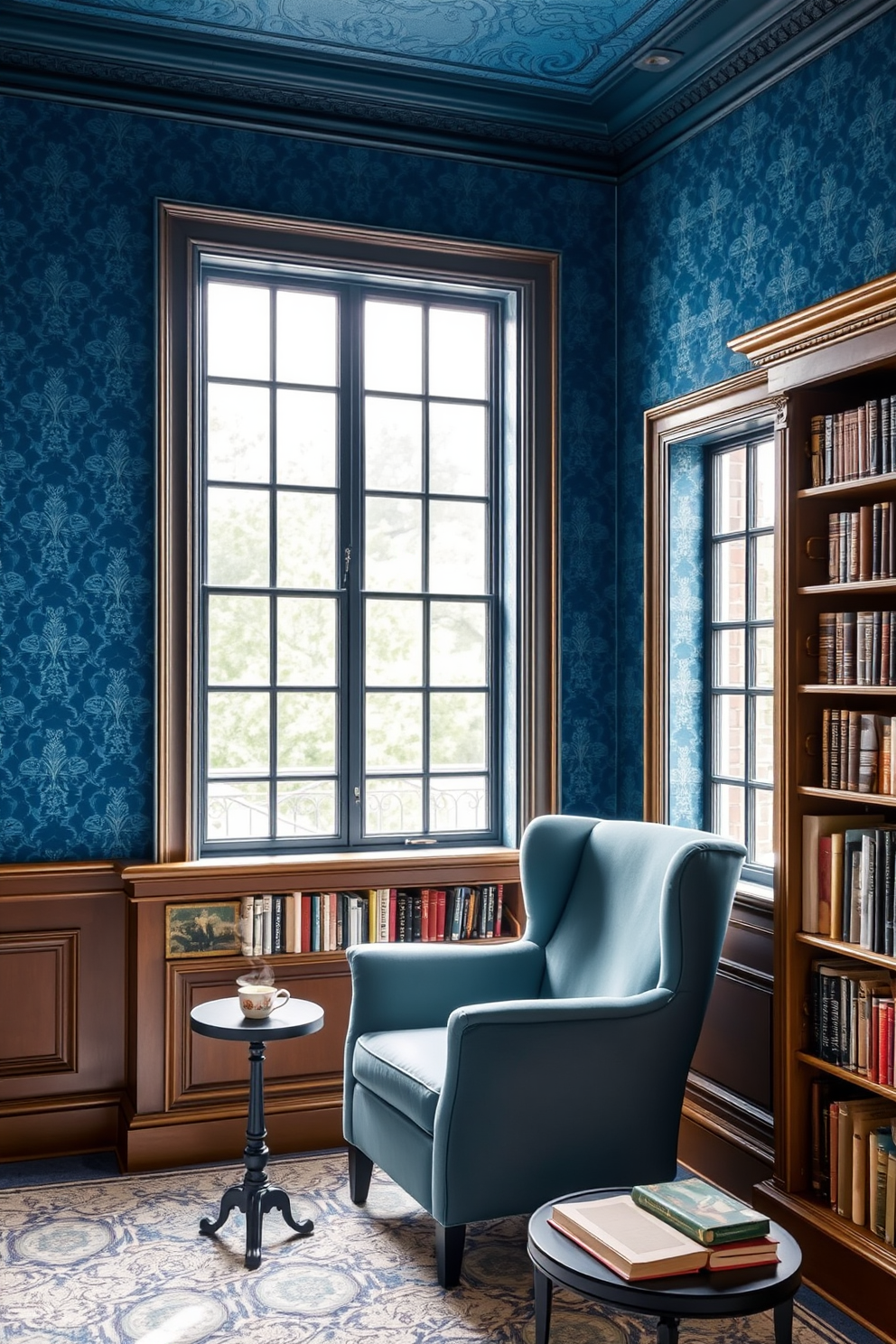 Elegant blue wallpaper with subtle patterns creates a serene backdrop for a cozy reading nook. A plush armchair in a complementary shade is positioned next to a wooden bookshelf filled with an array of books. The library features a large window that allows natural light to flood the space, highlighting the intricate details of the wallpaper. A small side table holds a steaming cup of tea, inviting relaxation and contemplation.