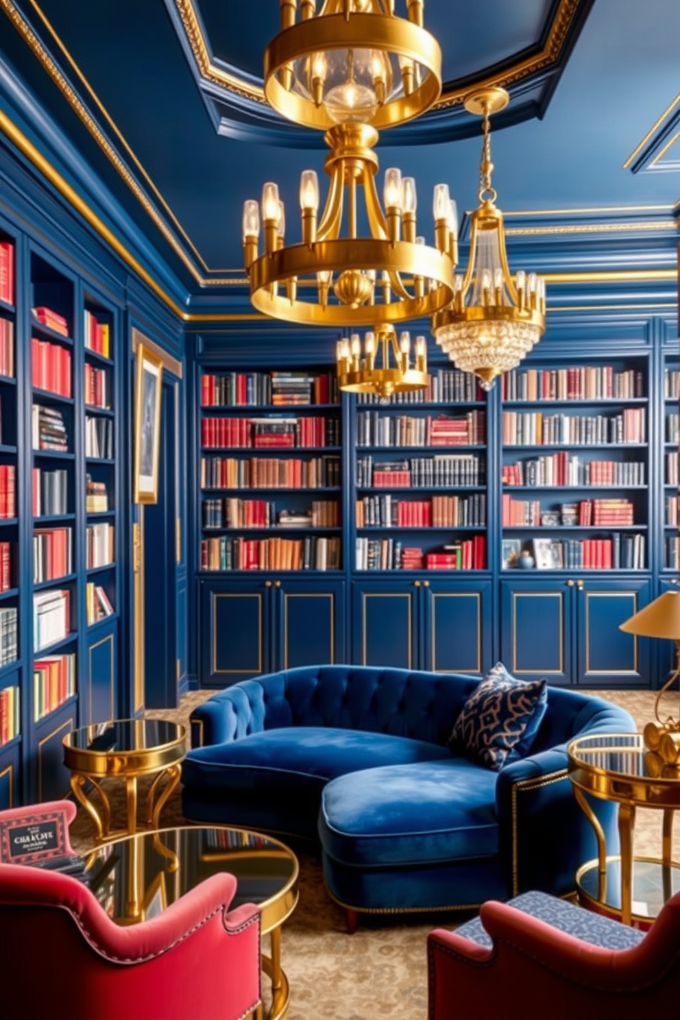 A luxurious home library adorned with blue and gold decor accents. Rich navy blue bookshelves line the walls, filled with an array of books, while gold trim highlights the edges for an opulent touch. A plush velvet sofa in a deep blue hue is positioned in the center, complemented by gold-finished side tables. Elegant gold lighting fixtures hang from the ceiling, casting a warm glow over the space, enhancing the sophisticated atmosphere.