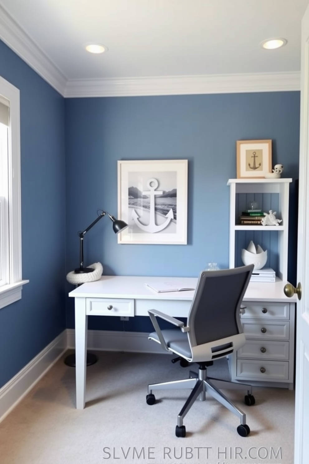 A serene home office featuring a coastal blue accent wall complemented by crisp white trim. The space includes a sleek white desk with a minimalist design, paired with a comfortable ergonomic chair and decorative nautical elements.