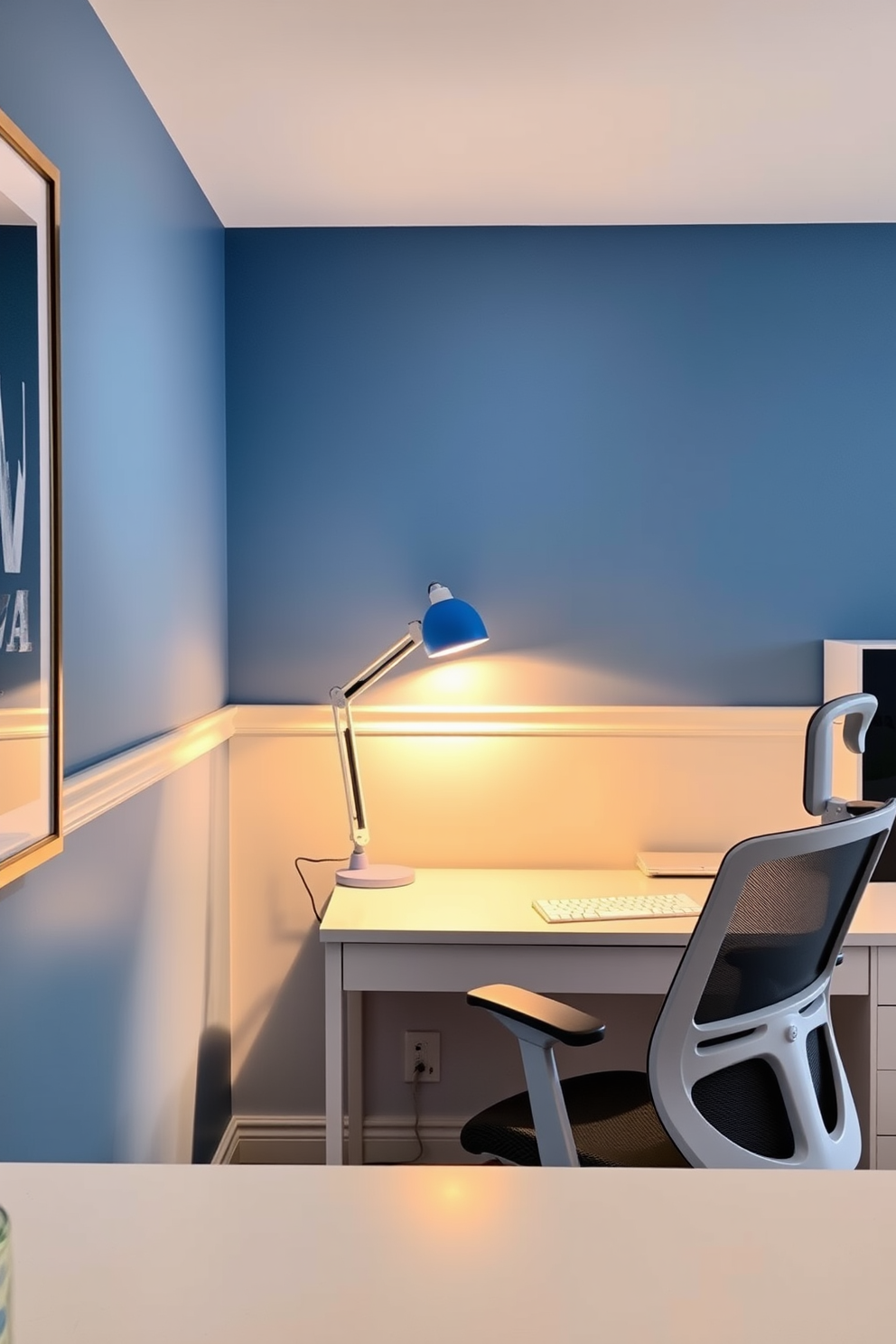 A serene home office space featuring a cerulean blue desk lamp that provides warm illumination. The walls are adorned with calming blue tones, complemented by a sleek white desk and a comfortable ergonomic chair.