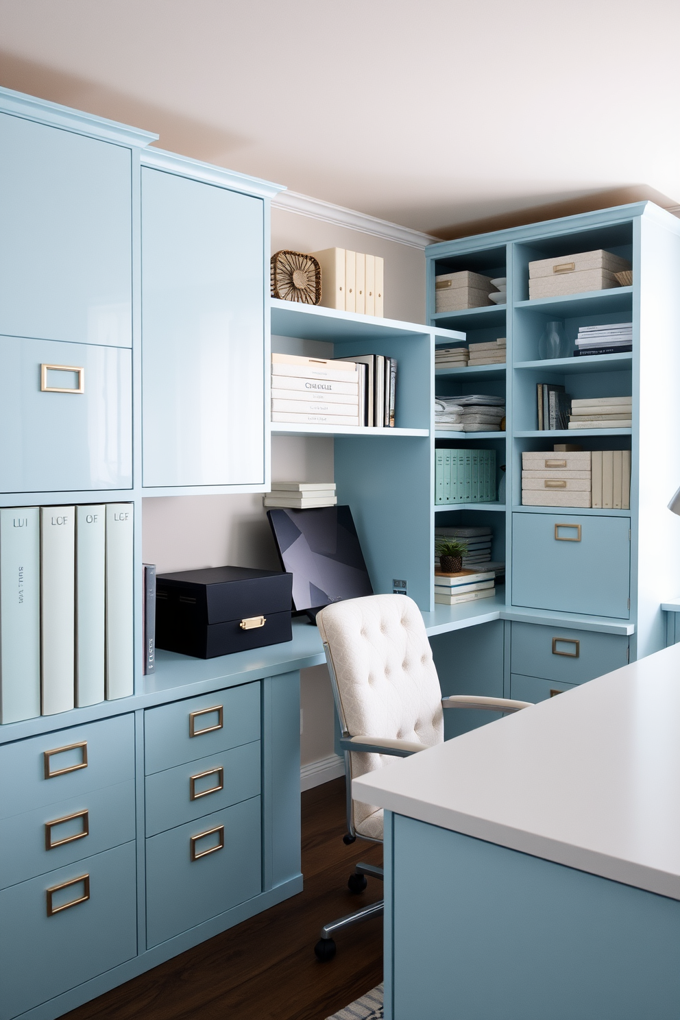 A stylish home office featuring a sleek wooden desk with a comfortable ergonomic chair. The room is adorned with blue and white striped accent pillows on a cozy reading nook, creating a relaxing atmosphere. Natural light streams in through large windows, illuminating the space with a bright and airy feel. The walls are painted in a soft blue hue, complemented by tasteful artwork that enhances the overall design.