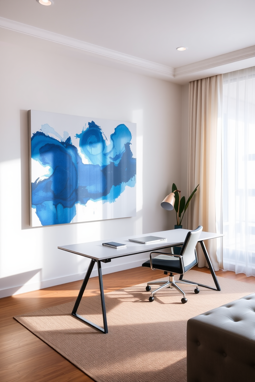 A serene home office setting featuring a large blue abstract artwork on the wall that evokes a sense of creativity. The desk is sleek and modern with a comfortable chair, while natural light floods the room through a large window adorned with light sheer curtains.