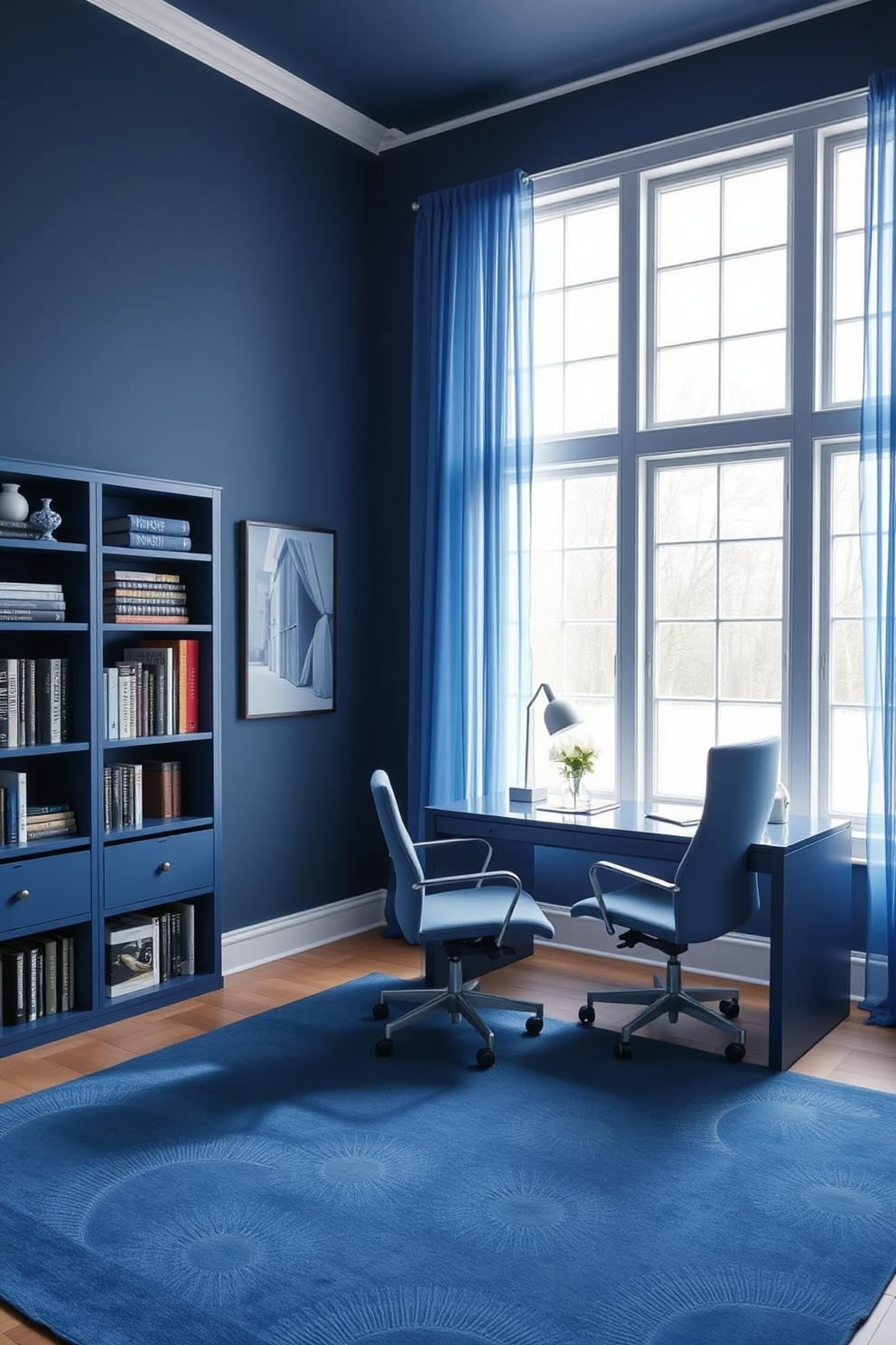 A serene home office featuring a monochromatic blue color scheme. The walls are painted in a soft navy blue, and the furniture includes a sleek blue desk and a comfortable blue ergonomic chair. Natural light floods the space through large windows adorned with sheer blue curtains. A stylish blue area rug anchors the room, complementing the blue bookshelf filled with neatly organized books and decor.