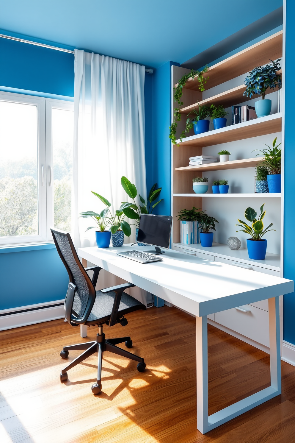 A bright blue home office features a sleek desk with a modern design and a comfortable ergonomic chair. Lush blue plants are strategically placed on the desk and shelves to add a vibrant pop of color against the neutral walls. Natural light floods the space through large windows adorned with sheer white curtains. The flooring is a warm hardwood, complementing the blue accents and creating an inviting atmosphere.