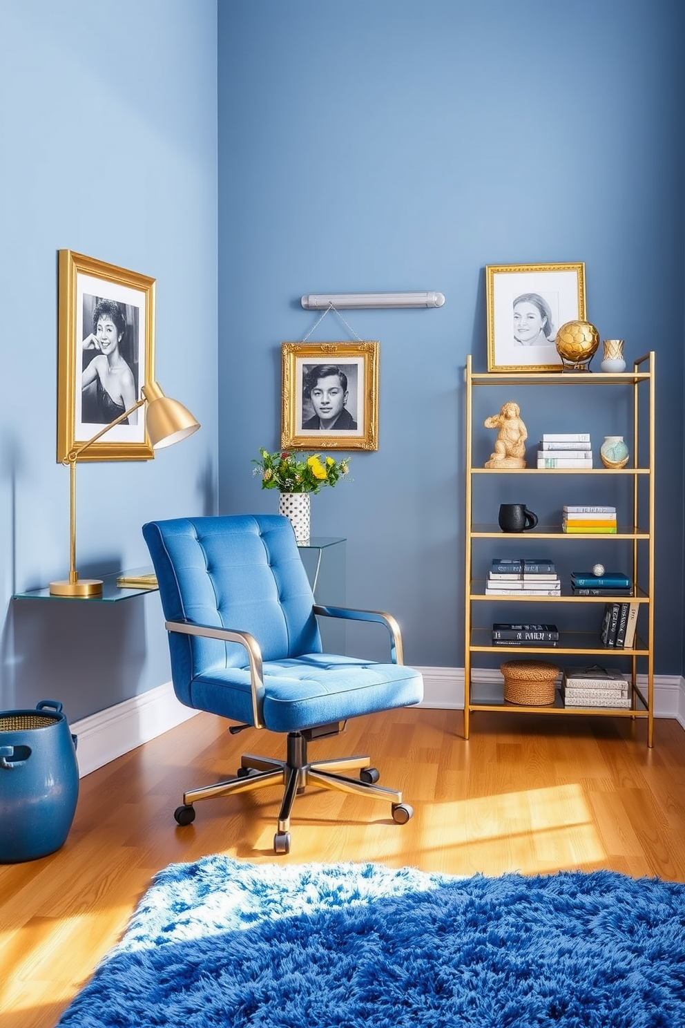 A serene home office space featuring blue and gold accents throughout. The walls are painted a soft blue, complemented by a sleek gold desk lamp and elegant gold picture frames on the wall. A plush blue rug covers the hardwood floor, adding warmth to the space. The office chair is upholstered in a rich blue fabric, providing comfort and style while a gold bookshelf showcases decorative items and books.