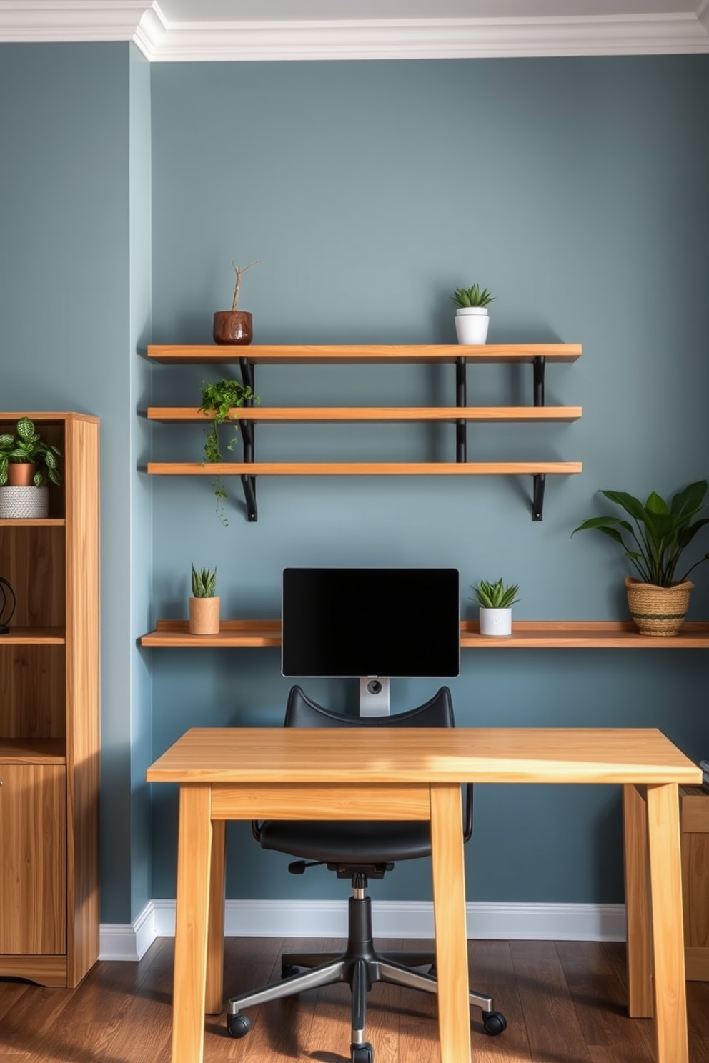 A bright blue home office featuring sleek modern furniture. The space includes a large desk with a glass top and a comfortable ergonomic chair, illuminated by stylish blue light fixtures that add a contemporary flair.