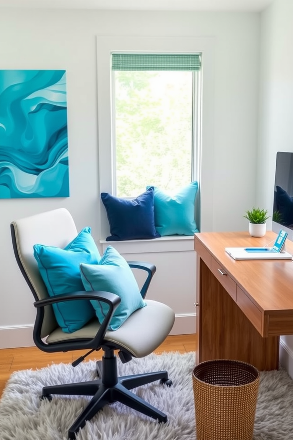 A cozy home office featuring aqua blue throw pillows on an ergonomic chair. The walls are painted a soft white, and a large window allows natural light to flood the space, enhancing the calming atmosphere. A sleek wooden desk is positioned against the wall, adorned with stylish stationery and a small potted plant. The floor is covered with a plush area rug that complements the aqua blue accents throughout the room.