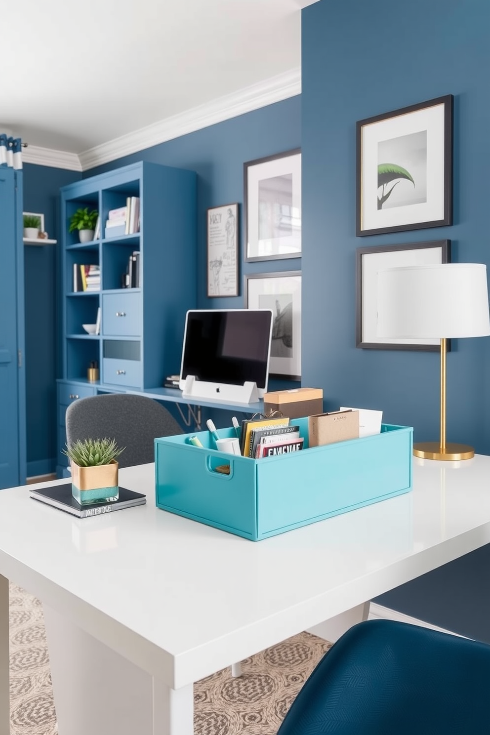 A stylish home office featuring a teal desk organizer that adds a pop of color and provides extra storage. The workspace is designed with a modern aesthetic, incorporating a sleek blue color palette throughout the room.