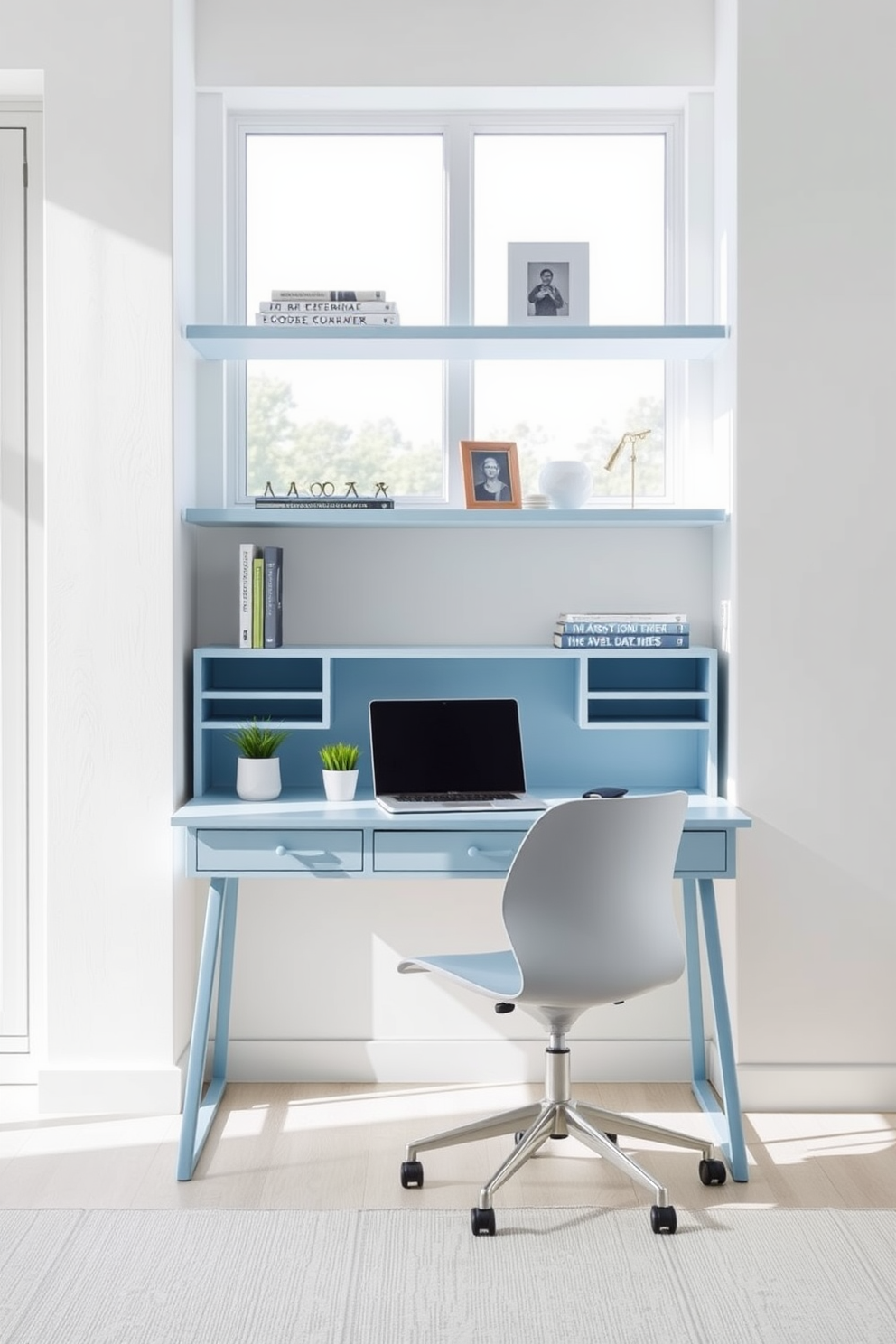 A modern home office featuring a sleek blue desk lamp that provides task lighting. The room is adorned with calming blue accents, creating an inviting and productive atmosphere.