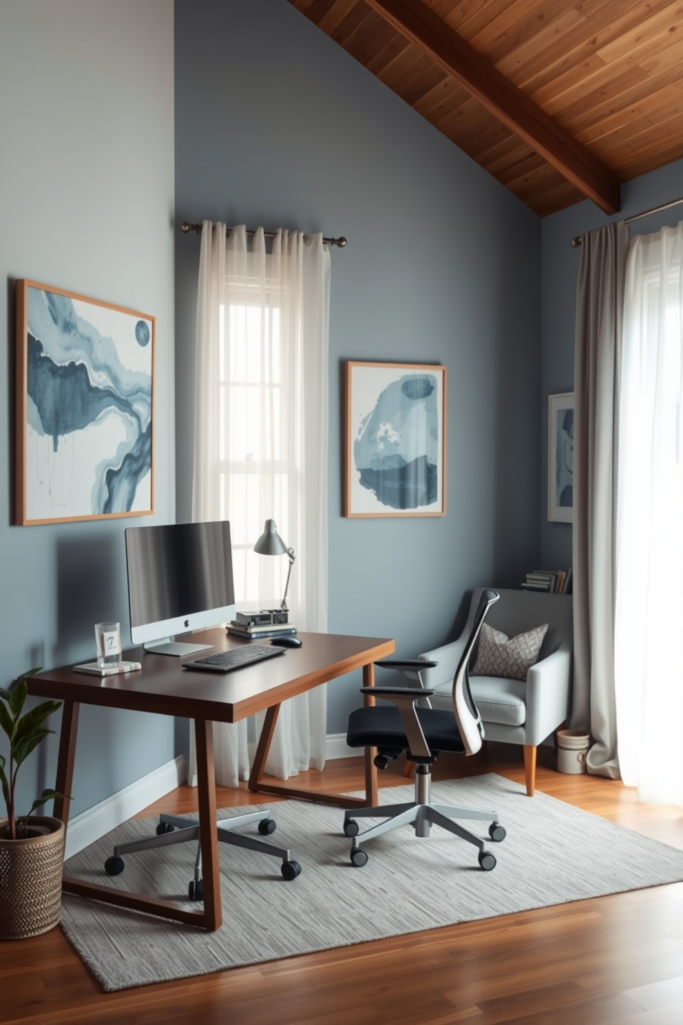 Aqua blue bulletin board mounted on the wall provides a vibrant touch to the room. The board is surrounded by stylish shelving that holds books and decorative items. The home office features a sleek desk with a minimalist design and a comfortable ergonomic chair. Large windows allow natural light to flood the space, enhancing the calming aqua blue accents throughout.