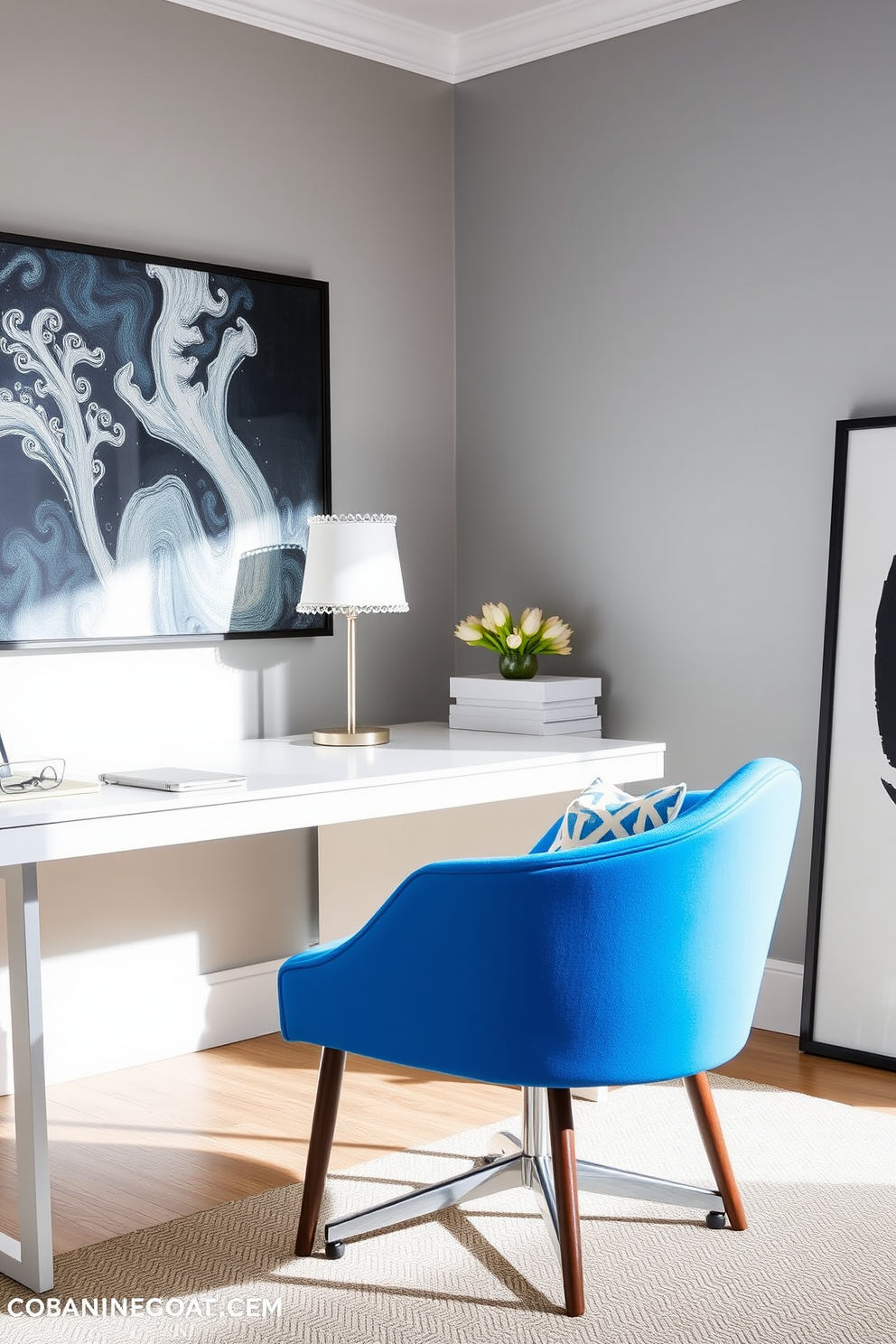 A rich navy blue paint covers the walls, creating a dramatic and sophisticated atmosphere. The room features a sleek wooden desk paired with a comfortable ergonomic chair, complemented by stylish shelving units filled with books and decorative items.