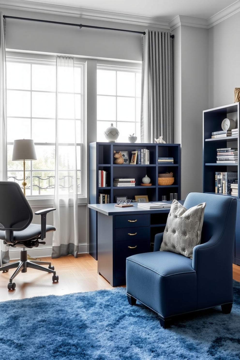 A sophisticated home office setting featuring a blue and gray color palette. The walls are painted a soft gray while the furniture includes a deep blue desk and an ergonomic chair upholstered in a complementary fabric. Natural light filters through large windows adorned with sheer gray curtains. A stylish bookshelf filled with decorative items and books adds character to the space, while a plush area rug in shades of blue anchors the room.