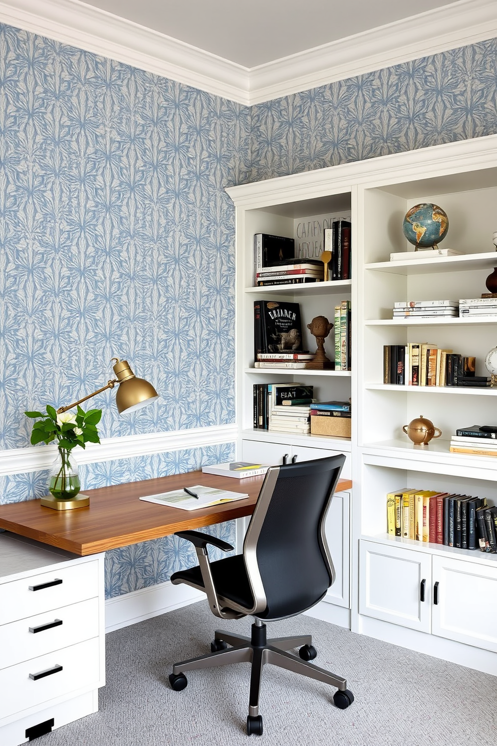 A serene home office space featuring blue patterned wallpaper that adds visual interest to the room. The design includes a sleek wooden desk paired with a comfortable ergonomic chair, complemented by a stylish bookshelf filled with books and decorative items.