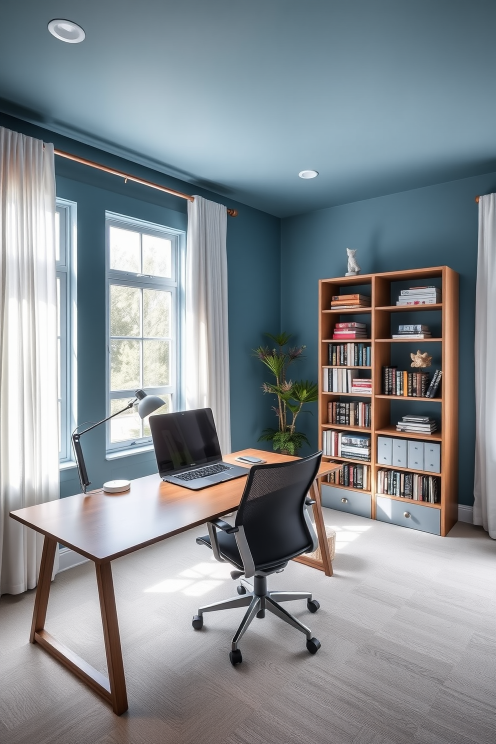 A serene home office space featuring marine blue paint on the walls to create a calming atmosphere. The room includes a sleek wooden desk paired with a comfortable ergonomic chair, illuminated by a modern desk lamp. Natural light floods the space through large windows adorned with sheer white curtains. A stylish bookshelf filled with books and decorative items sits against one wall, adding character to the design.