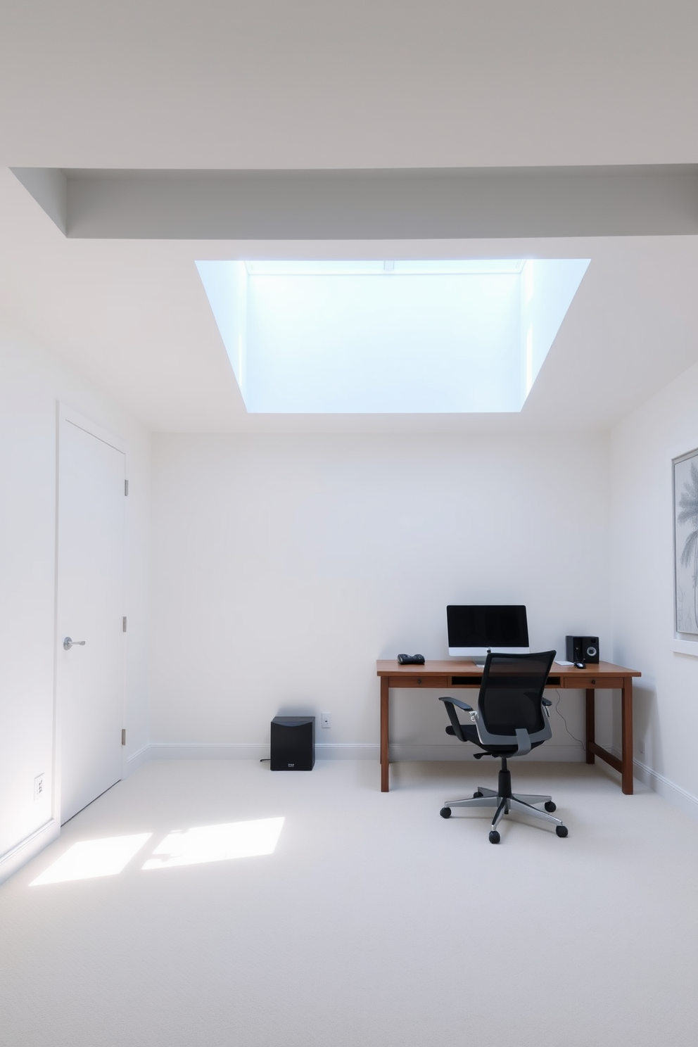 A serene home office setting with soft blue wall decals creating a playful touch. The space features a sleek white desk paired with a comfortable ergonomic chair, complemented by a stylish bookshelf filled with books and decorative items.