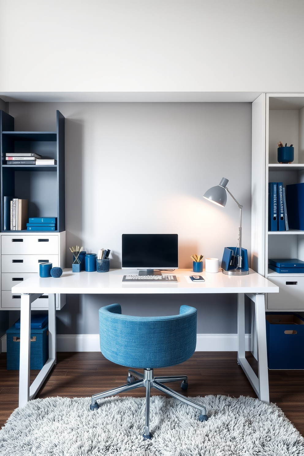 A home office featuring marine blue curtains that elegantly frame a large window, allowing natural light to flood the space. The desk is a sleek, modern design with a polished wood finish, complemented by a comfortable ergonomic chair in a matching hue. The walls are painted in a soft gray, providing a calming backdrop for the vibrant blue accents. A stylish bookshelf filled with neatly arranged books and decorative items enhances the sophisticated atmosphere of the room.