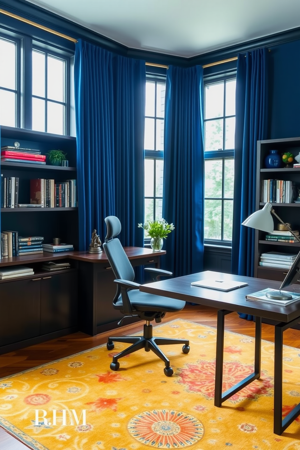 A home office designed in deep blue tones creates an inviting and productive atmosphere. The space features a sleek wooden desk paired with a comfortable ergonomic chair, surrounded by shelves filled with books and decorative items. Deep blue curtains drape elegantly over large windows, providing both privacy and style. A modern desk lamp and a vibrant area rug add warmth and personality to the overall design.