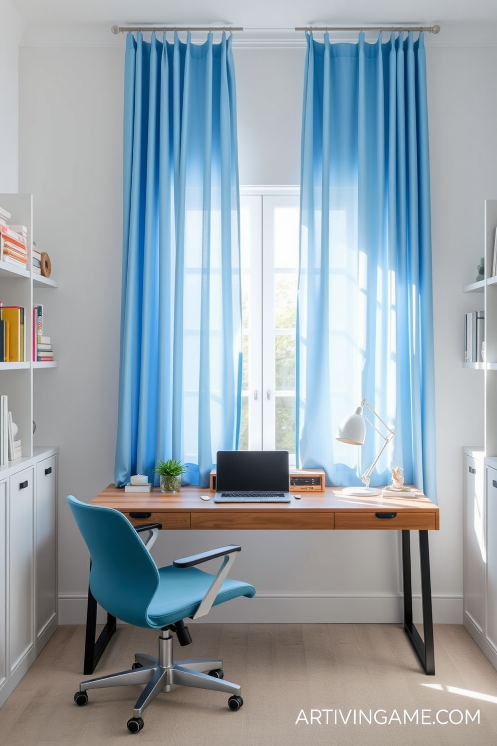 A bright home office setting featuring sky blue curtains that allow natural light to filter through. The walls are painted in a soft white, creating a fresh and airy atmosphere. A sleek wooden desk is positioned against the window, complemented by an ergonomic chair in a matching blue tone. Shelves filled with books and decorative items line the walls, adding personality and warmth to the space.