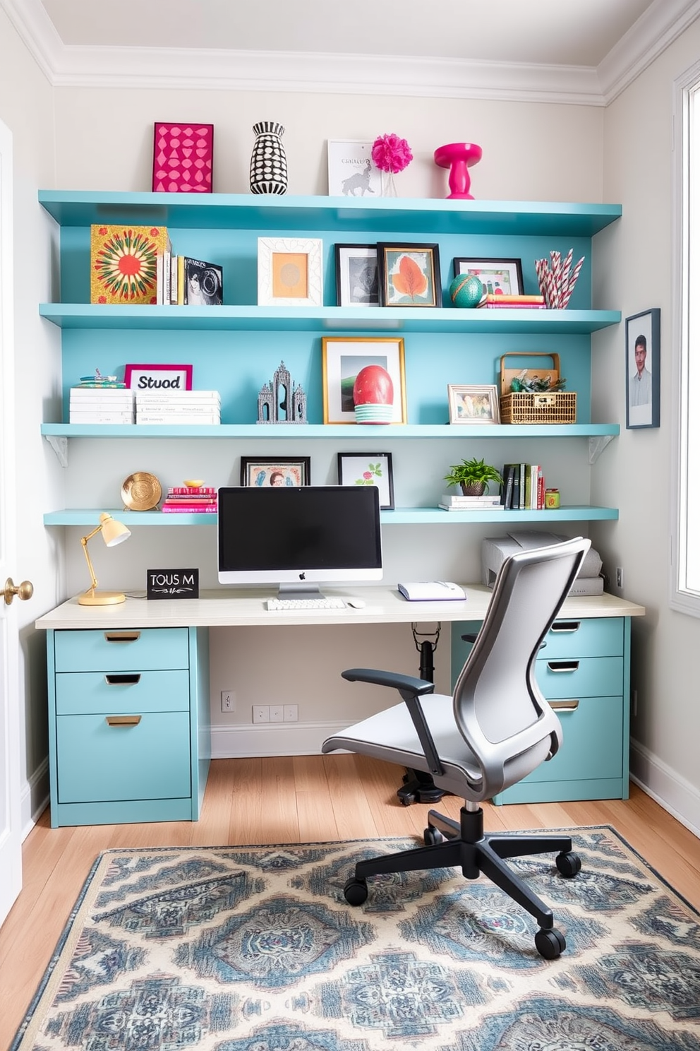 A serene home office featuring turquoise shelves adorned with vibrant decor accents. The workspace includes a sleek desk with a comfortable ergonomic chair, complemented by a stylish rug that ties the room together.