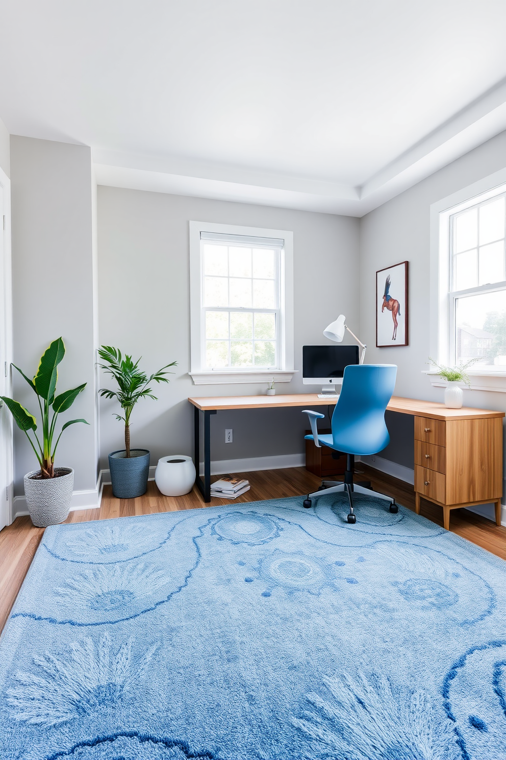 A serene home office space featuring a soft blue rug that adds warmth and comfort to the room. The walls are painted in a light gray hue, and a sleek wooden desk sits against the window, complemented by an ergonomic chair in a matching blue tone.