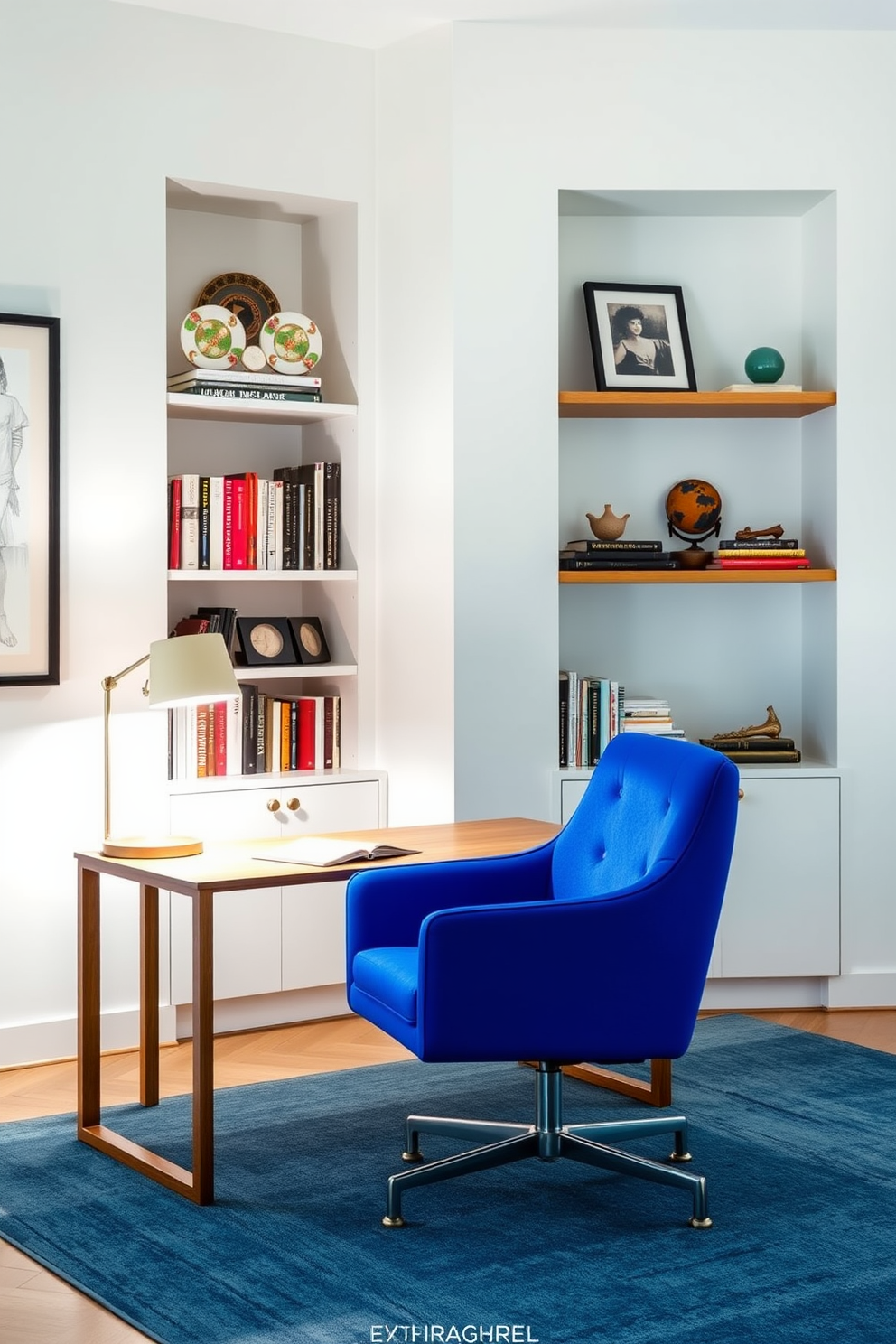 A striking cobalt blue chair is positioned in a modern home office, serving as the focal point of the space. The walls are painted in a soft white, creating a bright backdrop that enhances the chair's vibrant color. A sleek wooden desk complements the chair, with a stylish lamp providing ample lighting for work. Shelves filled with books and decorative items line the walls, adding personality and warmth to the office environment.