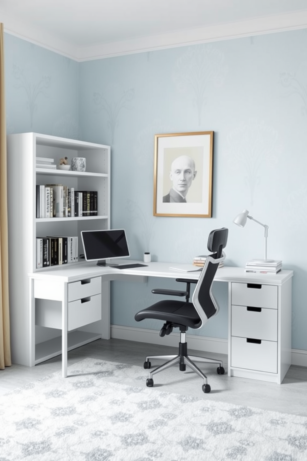 A serene home office setting featuring light blue wallpaper adorned with subtle patterns that create a calming atmosphere. The space includes a sleek white desk paired with a comfortable ergonomic chair, complemented by a stylish bookshelf filled with books and decorative items.