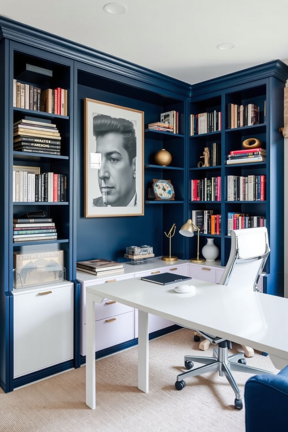 A serene home office space featuring pale blue walls that create a calming atmosphere. Dark wood accents are incorporated through a stylish desk and shelving, providing a warm contrast to the light color scheme. A comfortable ergonomic chair is positioned at the desk, inviting productivity and focus. Natural light streams in through large windows adorned with simple white curtains, enhancing the overall brightness of the room.