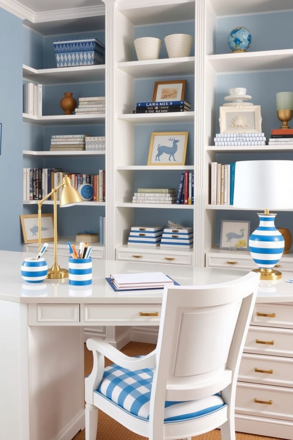 A stylish home office featuring blue and white striped accessories that add a touch of elegance. The desk is adorned with a striped pen holder, notebook, and a chic lamp, creating a cohesive and inviting workspace. The walls are painted in a soft blue hue, complemented by white shelving units filled with books and decorative items. A comfortable white chair with blue accents sits in front of the desk, enhancing the overall aesthetic of the room.