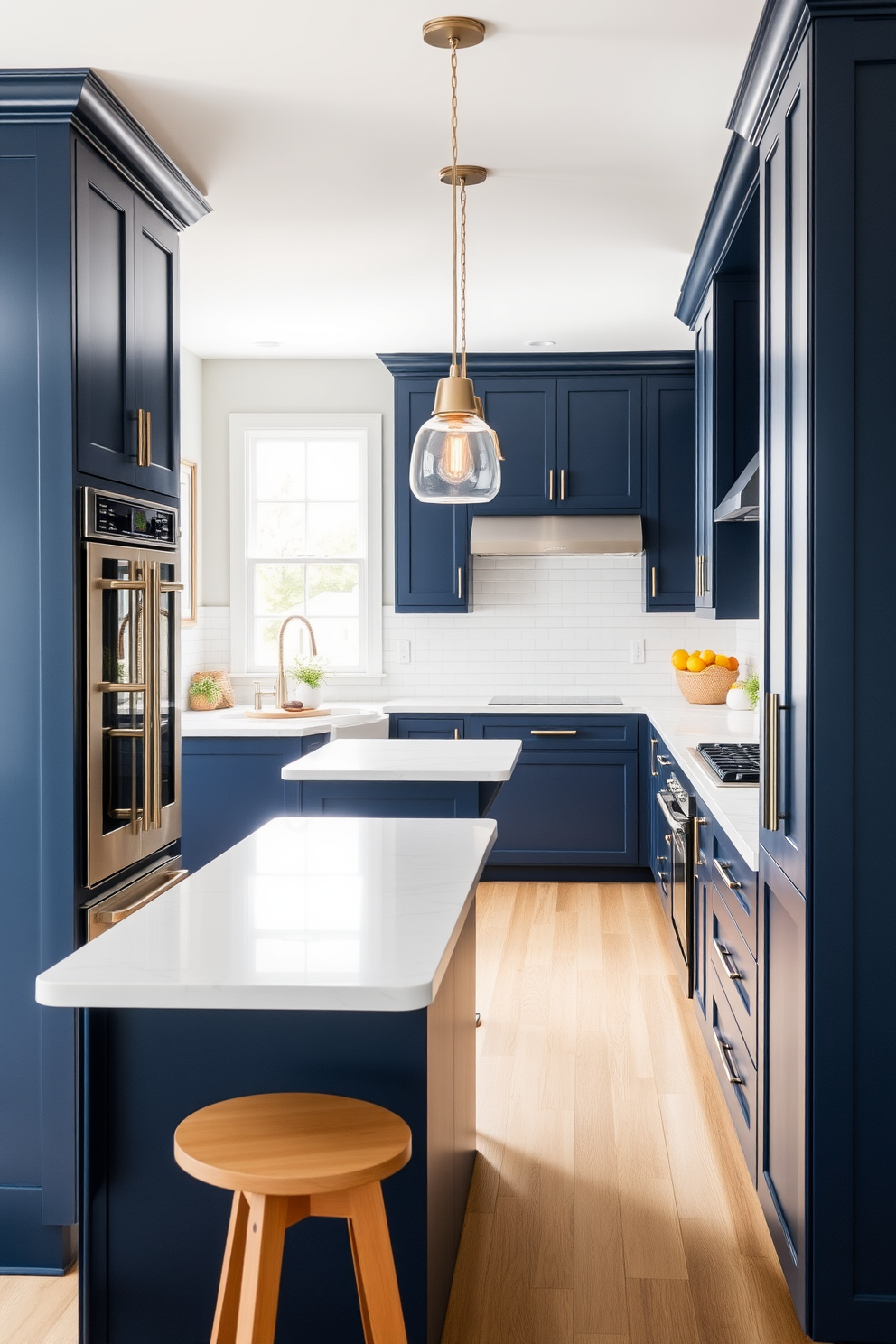 Elegant navy cabinets with white countertops create a striking contrast in this modern kitchen. The space is enhanced by sleek stainless steel appliances and a large island that serves as both a cooking and dining area.