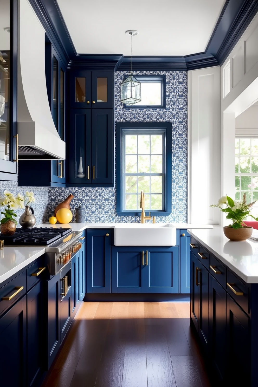 A serene kitchen space featuring muted teal cabinetry complemented by elegant marble countertops and a matching backsplash. The kitchen island serves as a focal point, adorned with stylish bar stools and decorative fruit bowls, creating a warm and inviting atmosphere.