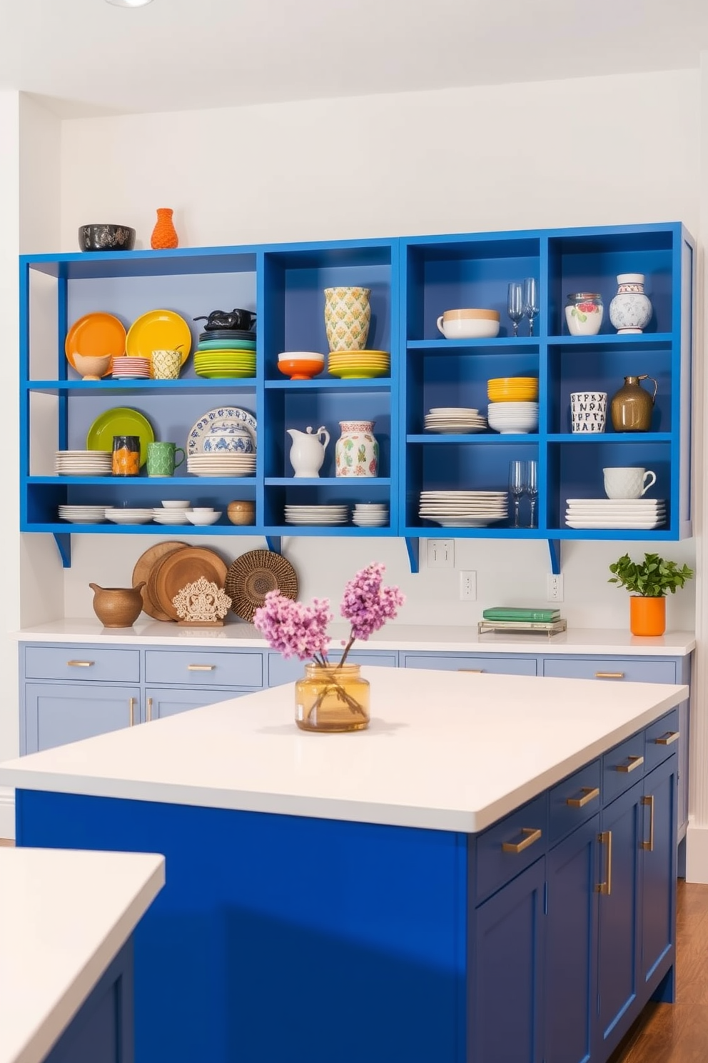 A bright blue open shelving unit is mounted on the wall, showcasing an array of colorful dishware and decorative items. Below the shelves, a sleek blue kitchen island with white countertops invites both functionality and style into the space.