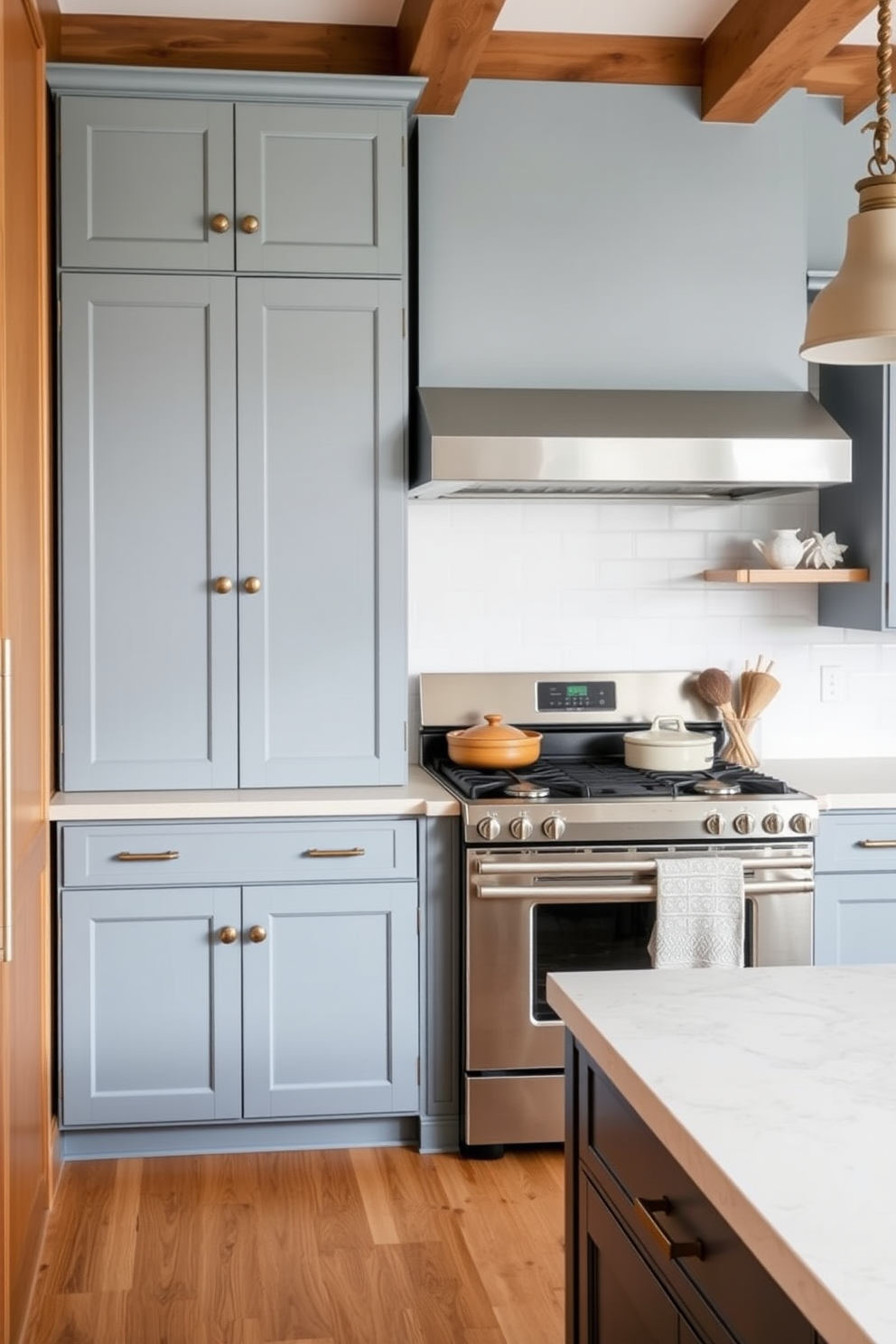 A light blue farmhouse sink is the centerpiece of this kitchen, surrounded by rustic wooden cabinetry and open shelving. The countertops are adorned with a warm butcher block finish, and vintage-style fixtures add charm to the overall design.