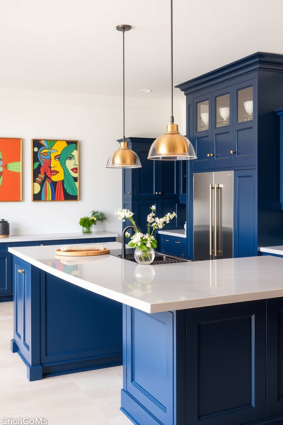 A stunning kitchen features bold navy cabinets that create a striking contrast against the light-colored walls. Colorful artwork adorns the space, adding vibrancy and personality to the overall design. The kitchen island showcases a white quartz countertop, complementing the navy cabinetry beautifully. Pendant lights hang above the island, providing both illumination and a stylish focal point.