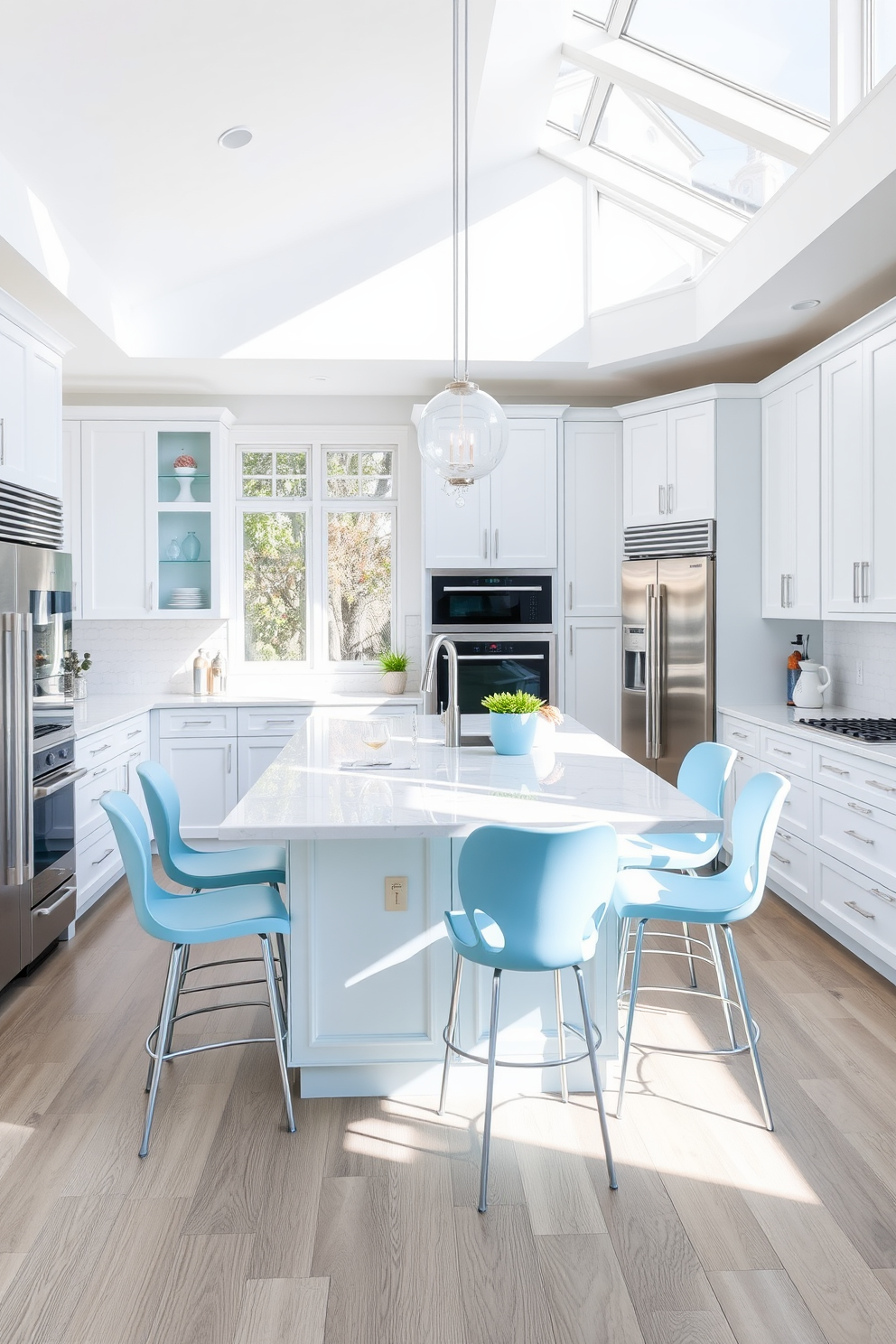 A modern kitchen design featuring pastel blue accents throughout the space. The cabinetry is a soft white, complemented by pastel blue handles and decorative elements. A large island in the center showcases a marble countertop with pastel blue bar stools arranged around it. Natural light pours in through large windows, highlighting the sleek appliances and subtle decor.