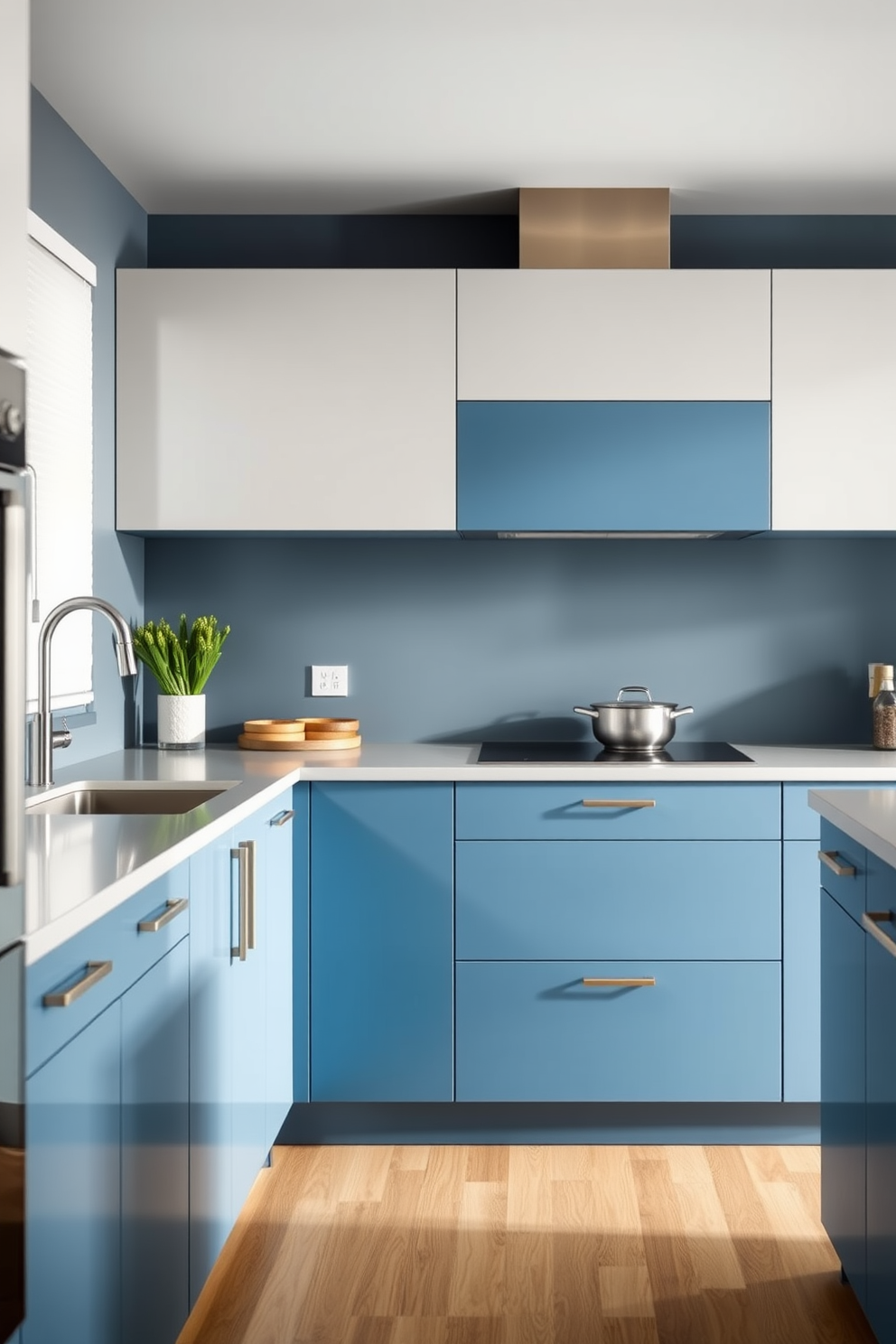 A modern kitchen featuring two-tone blue cabinets with light gray accents. The cabinets are sleek and handleless, creating a clean and contemporary look.