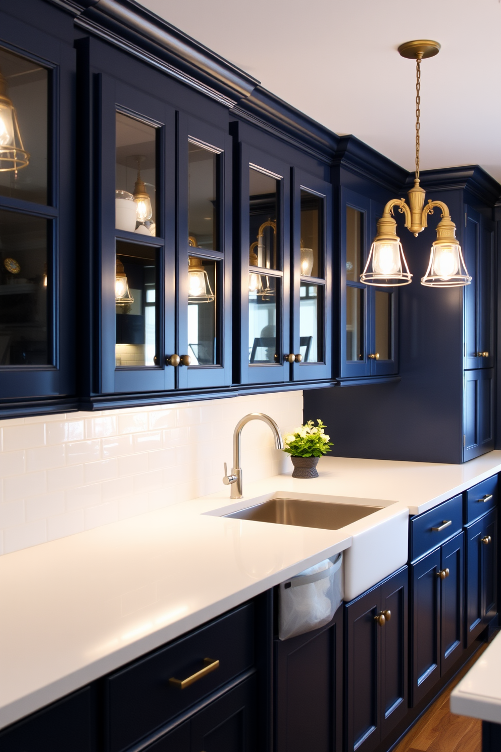 A stunning kitchen featuring midnight blue cabinets with glass fronts that reflect the ambient light. The countertops are made of white quartz, providing a striking contrast to the deep blue cabinetry. Above the cabinets, elegant pendant lights hang, illuminating the space with a warm glow. The backsplash is a classic subway tile in white, creating a clean and timeless look.