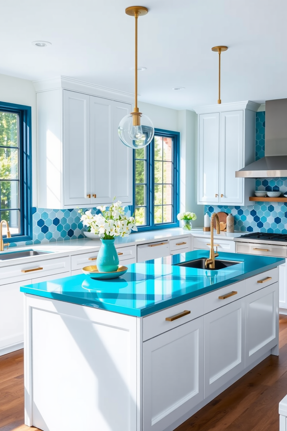 Aqua blue island with contrasting colors. The kitchen features sleek white cabinetry and brass hardware, creating a modern yet inviting atmosphere. The backsplash is adorned with geometric tiles in shades of blue and white, complementing the island. Large windows allow natural light to flood the space, enhancing the vibrant color palette.