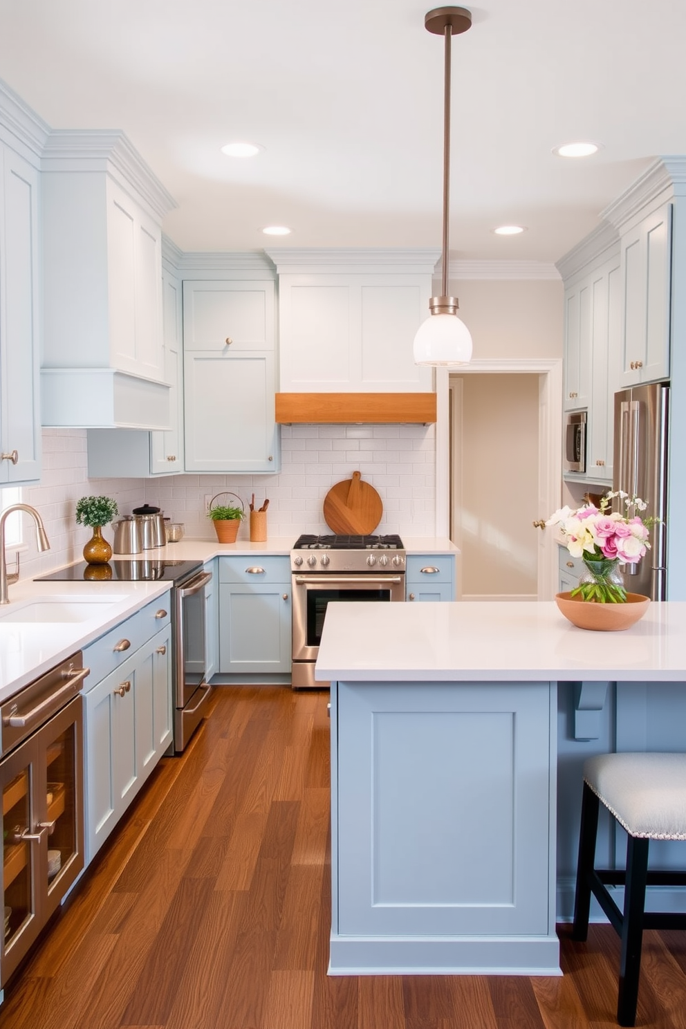 Light blue shaker cabinets with brass hardware create a fresh and inviting atmosphere in the kitchen. The countertops are a crisp white quartz, complementing the soft blue tones and adding brightness to the space. A large farmhouse sink is centered beneath a window, allowing natural light to fill the room. Open shelving above the cabinets showcases elegant dishware and adds a personal touch to the design.