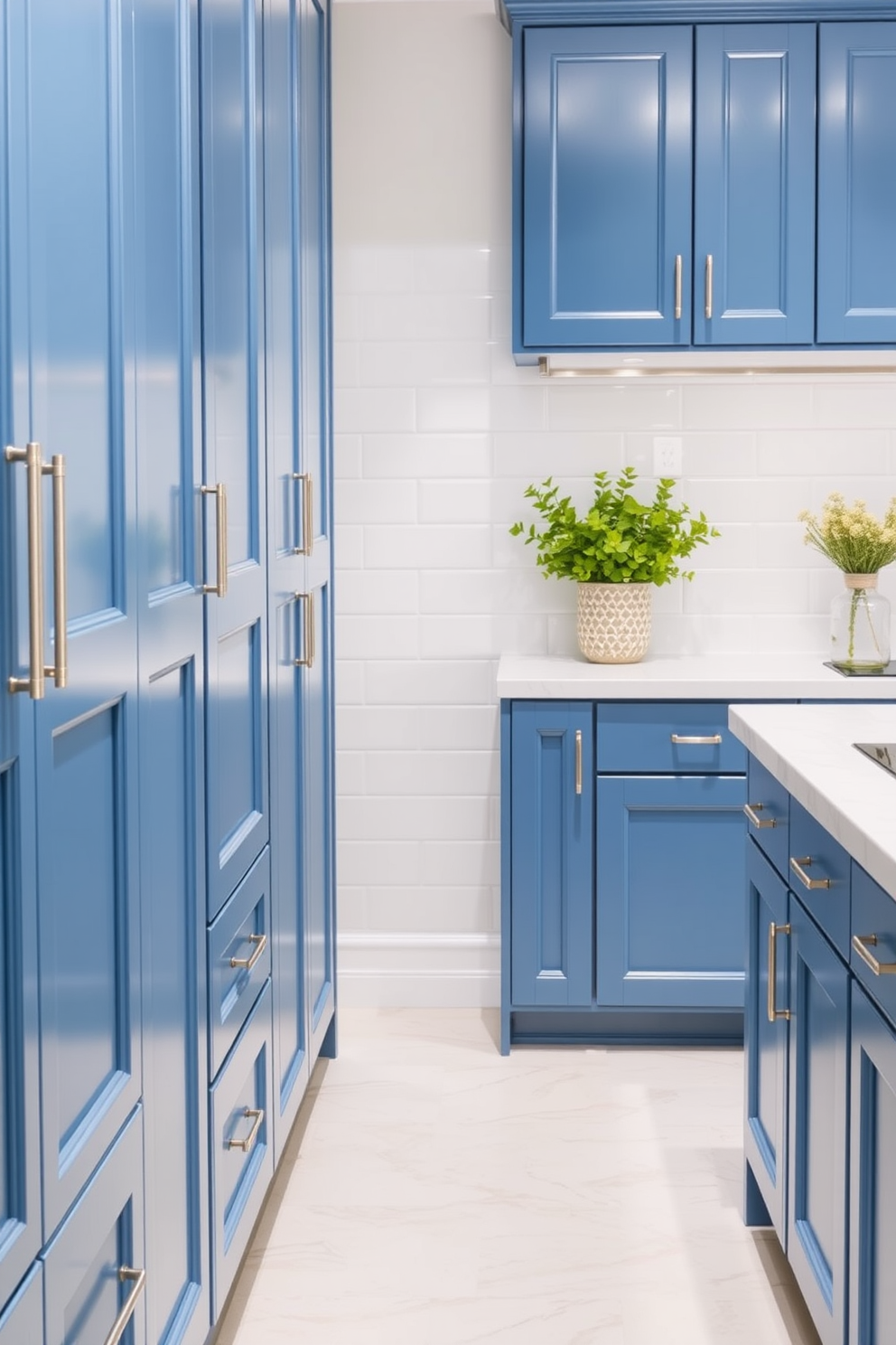 A charming kitchen adorned with classic blue and white striped wallpaper that adds a fresh and vibrant touch to the space. The cabinetry features a deep navy blue finish with brass hardware, complemented by a white marble backsplash and countertops. A large farmhouse sink sits beneath a window that allows natural light to flood in. The kitchen island is painted in a lighter shade of blue, topped with a white quartz surface, and surrounded by elegant bar stools for casual dining.