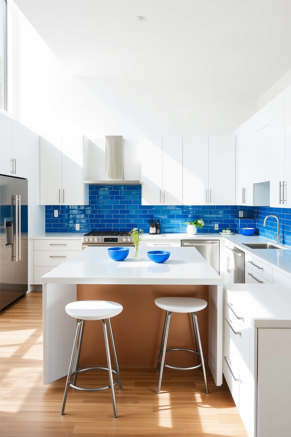 A stunning kitchen featuring bold blue cabinetry that creates a striking contrast against white walls. The matching blue appliances seamlessly integrate into the design, enhancing the modern aesthetic of the space. The kitchen island is topped with a sleek white quartz countertop, providing ample space for meal preparation and casual dining. Pendant lights hang above the island, adding a touch of elegance and warmth to the vibrant blue theme.